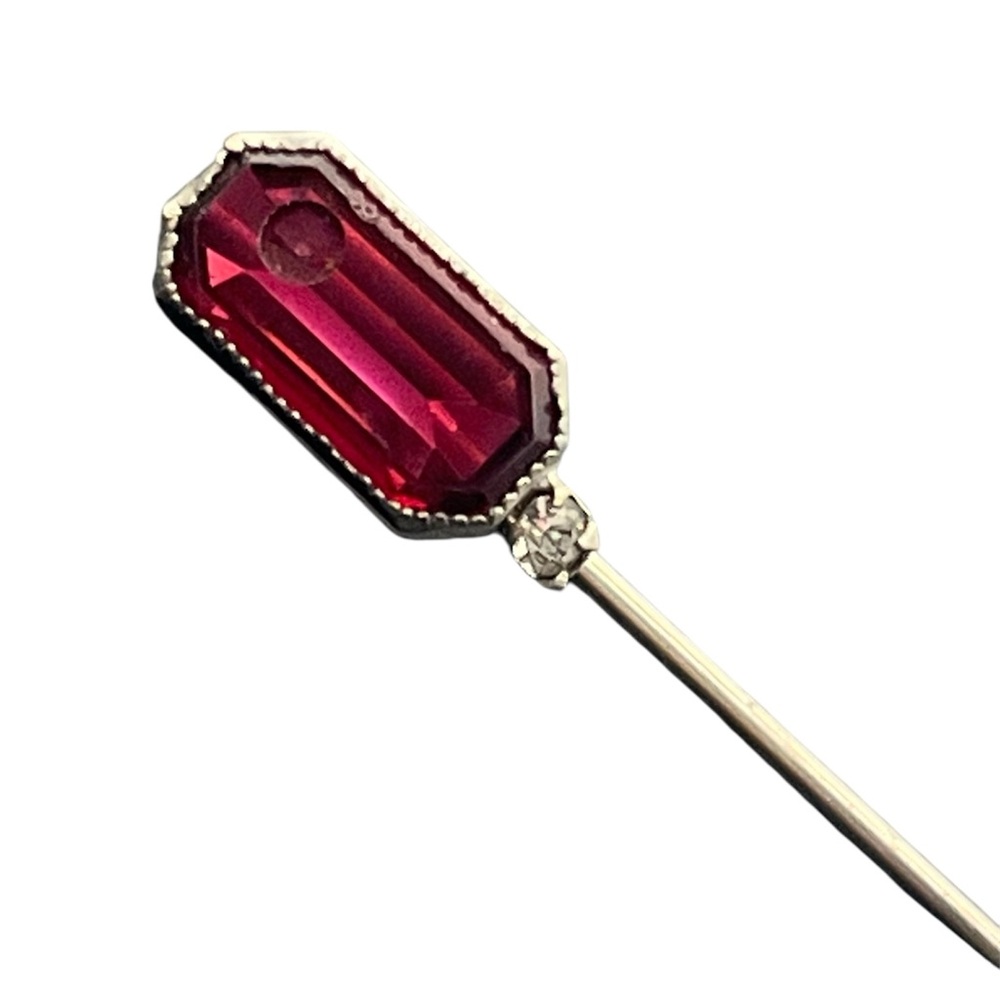 Art Deco silver tone red & clear rhinestone stick pin brooch vintage geometric